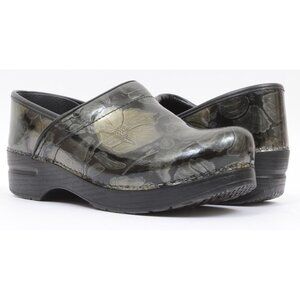 Dansko Womens 7.5 EU 38 Professional Black Foil Leather Nursing Clog Shoes Comfy